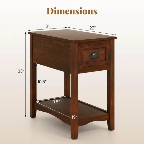 Retro Narrow End Table Set of 2, Solid Wood Nightstand